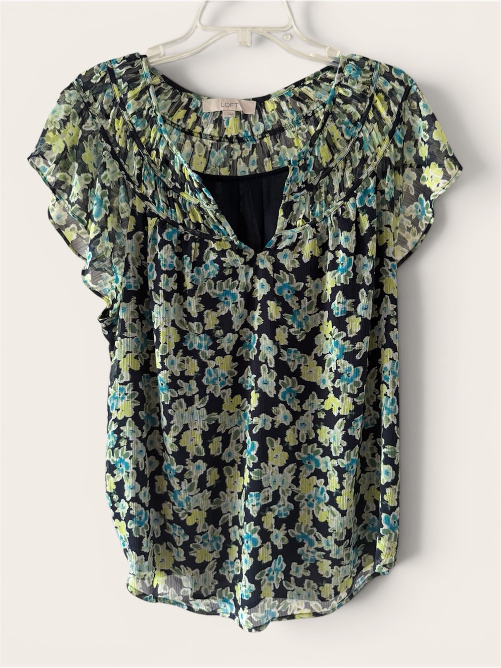 LOFT Navy Floral Cap-Sleeve Blouse in Blue & Lime